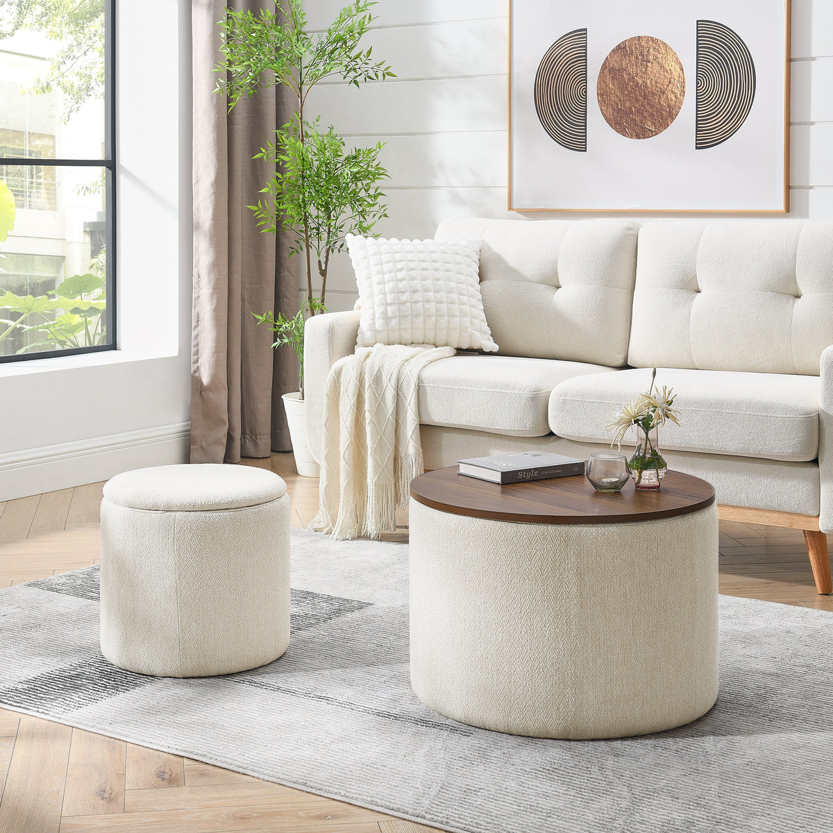 2-Piece Set Round Chenille Storage Ottoman, Equipped with a Drum Shaped Small Stool, Storage Space, and MDF Made Desktop Panel (Beige 23.62"x23.62"x16.53") W487P179601-djyc