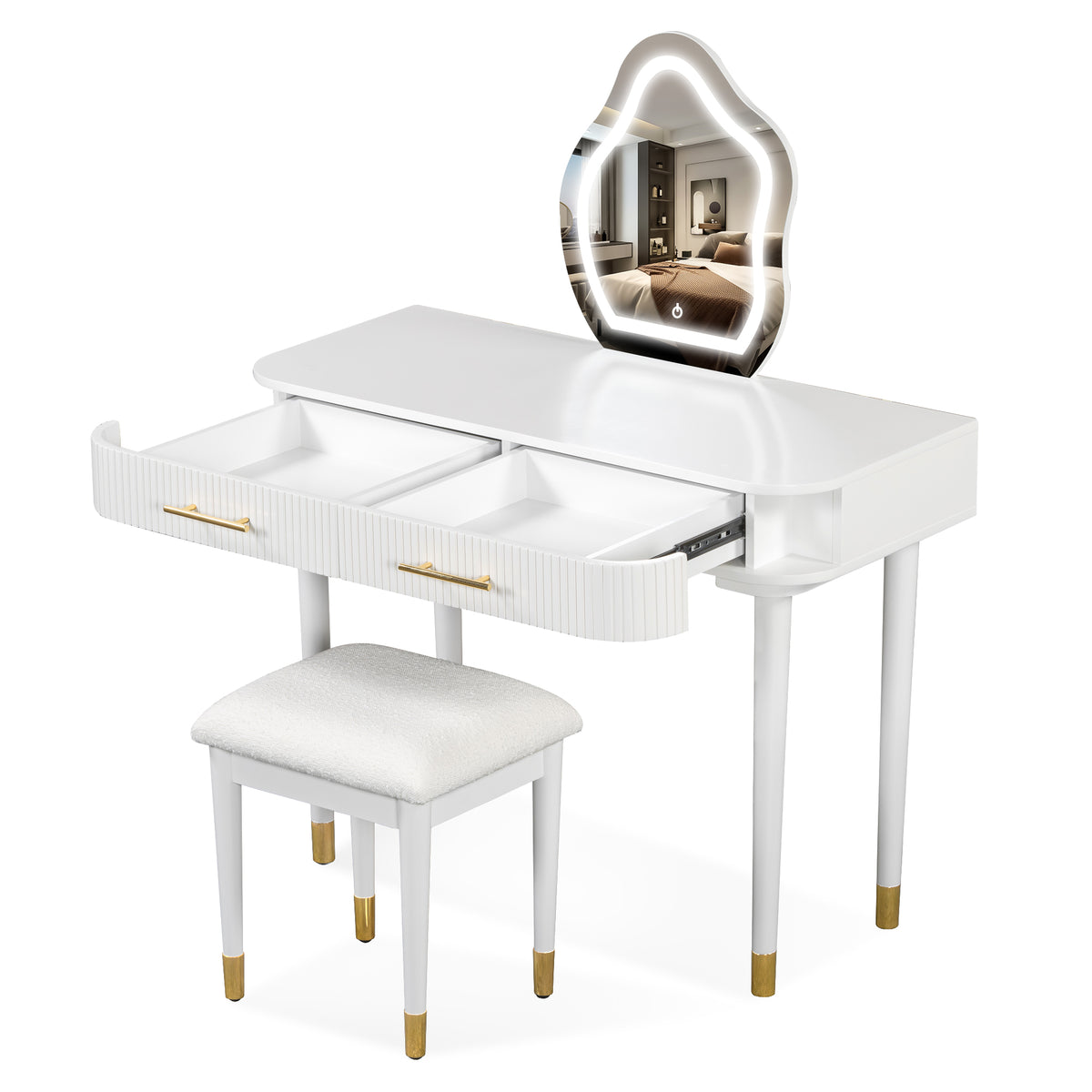 40" Modern Vanity Table Set with Mirror Touch Screen Lighted Mirror, Dressing Table and Cushioned Stool Set with 2 Large Drawers, White N704P196657K-djyc