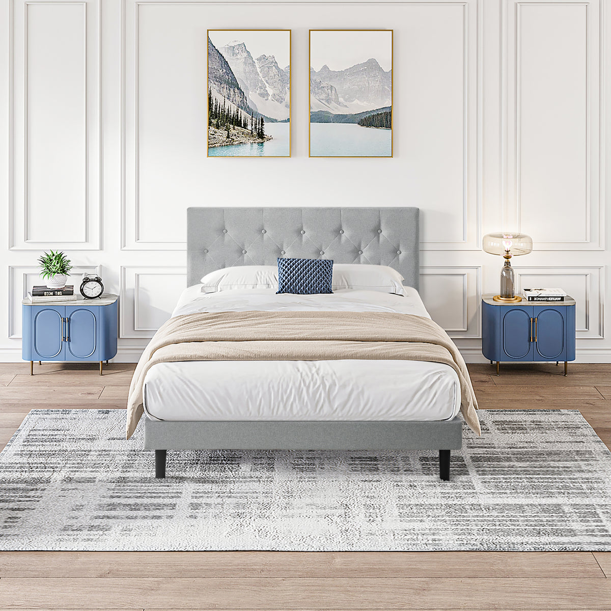 Queen Size Upholstered Platform Bed Frame with Modern Button Tufted Linen Fabric Headboard, No Box Spring Needed, Wood Slat Support, Easy Assembly, Grey W311P197752-djyc