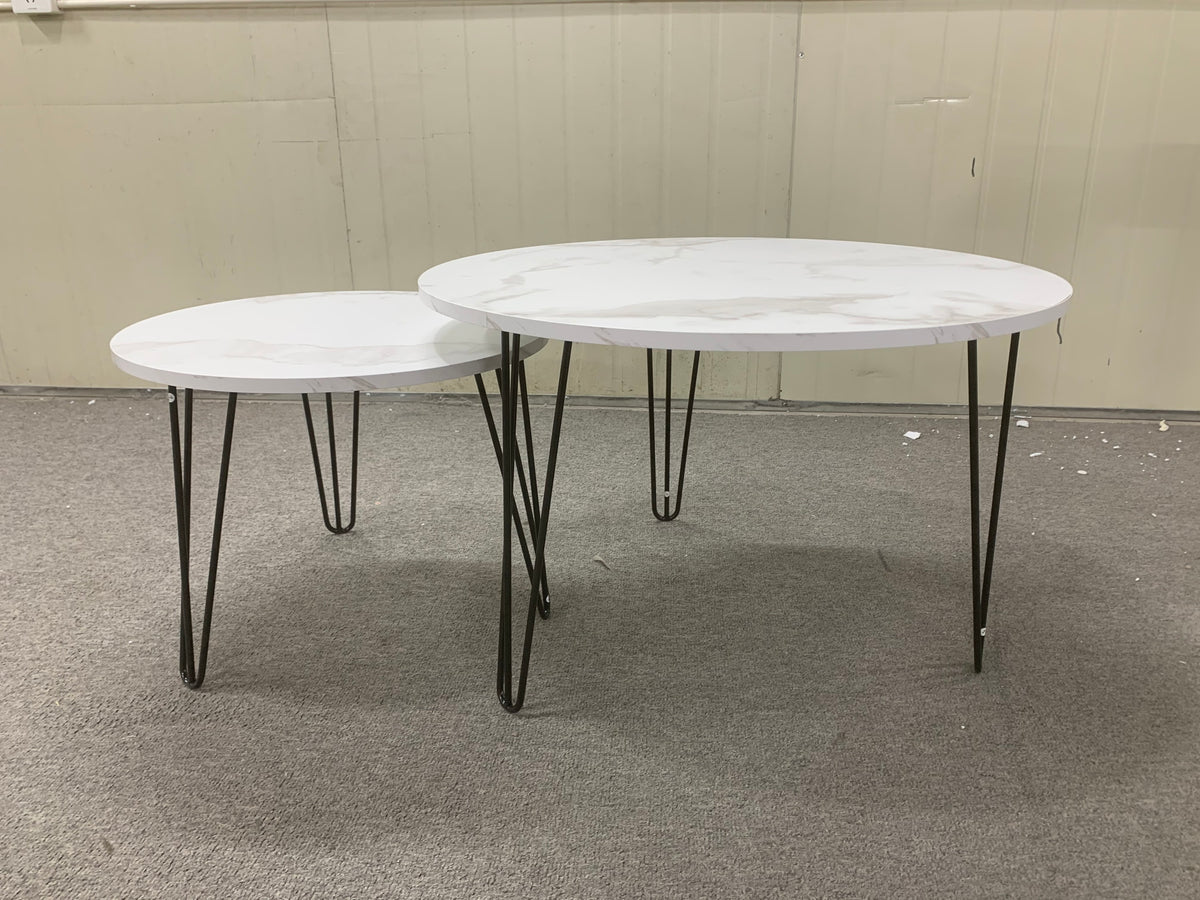 27.56'' Round Nesting Coffee Table Set of 2,Circular Nesting End Table Set, Round Marble Tabletop, and Sturdy Metal Base for Living Room, bedroom, White W808P176737-djyc