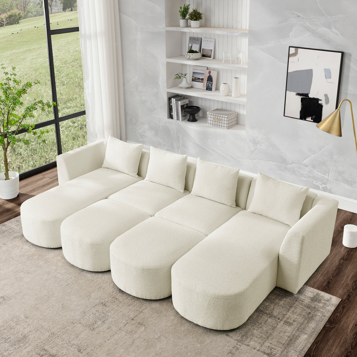 U Shape Sectional Sofa including Two Single Seat, Two Chaises and Two Ottomans, Modular Sofa, DIY Combination, Loop Yarn Fabric, Beige W487S00155-djyc