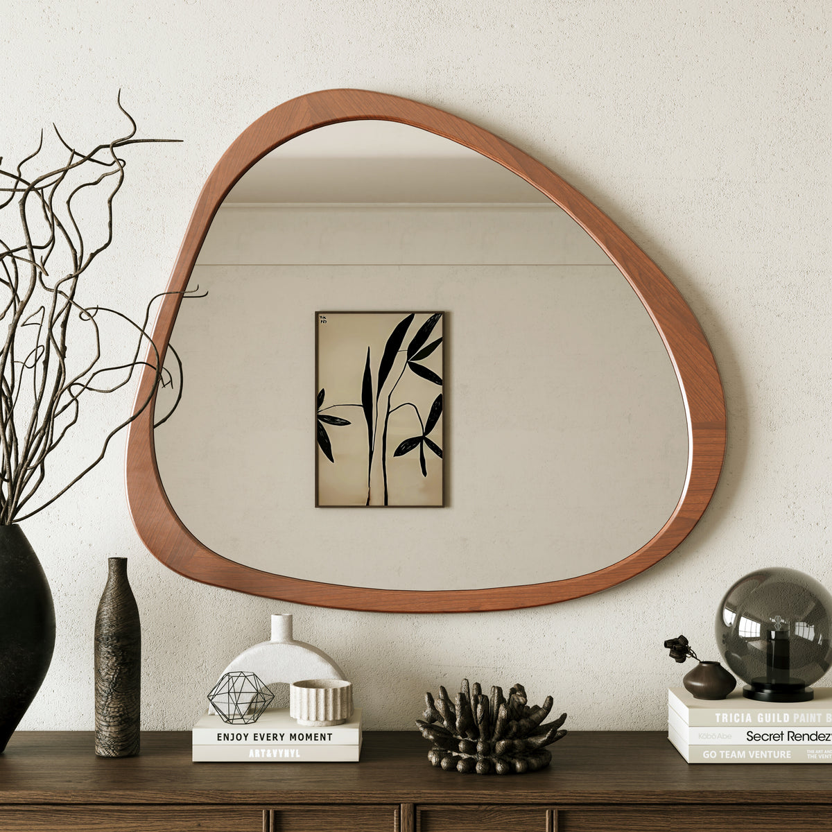 Solid Wood Mirror 45 Inch Asymmetrical Wall Mirror Wooden Framed Mirror Large Sized Dressing Mirror, for Living Room, Bedroom, Bathroom, Hallway or Entry Way W1435142944-djyc