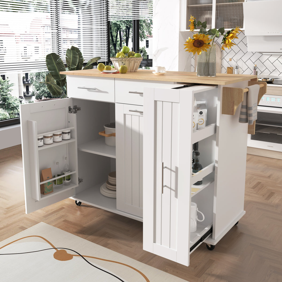 K&K Kitchen Island with Drop Leaf, Kitchen Storage Cart with 3 Tier Pull Out Cabinet Organizer, Internal Storage Rack, Rolling Kitchen Cart on Wheels with Towel Rack, 2 Drawers, for Kitchen, White WF531421AAW-djyc