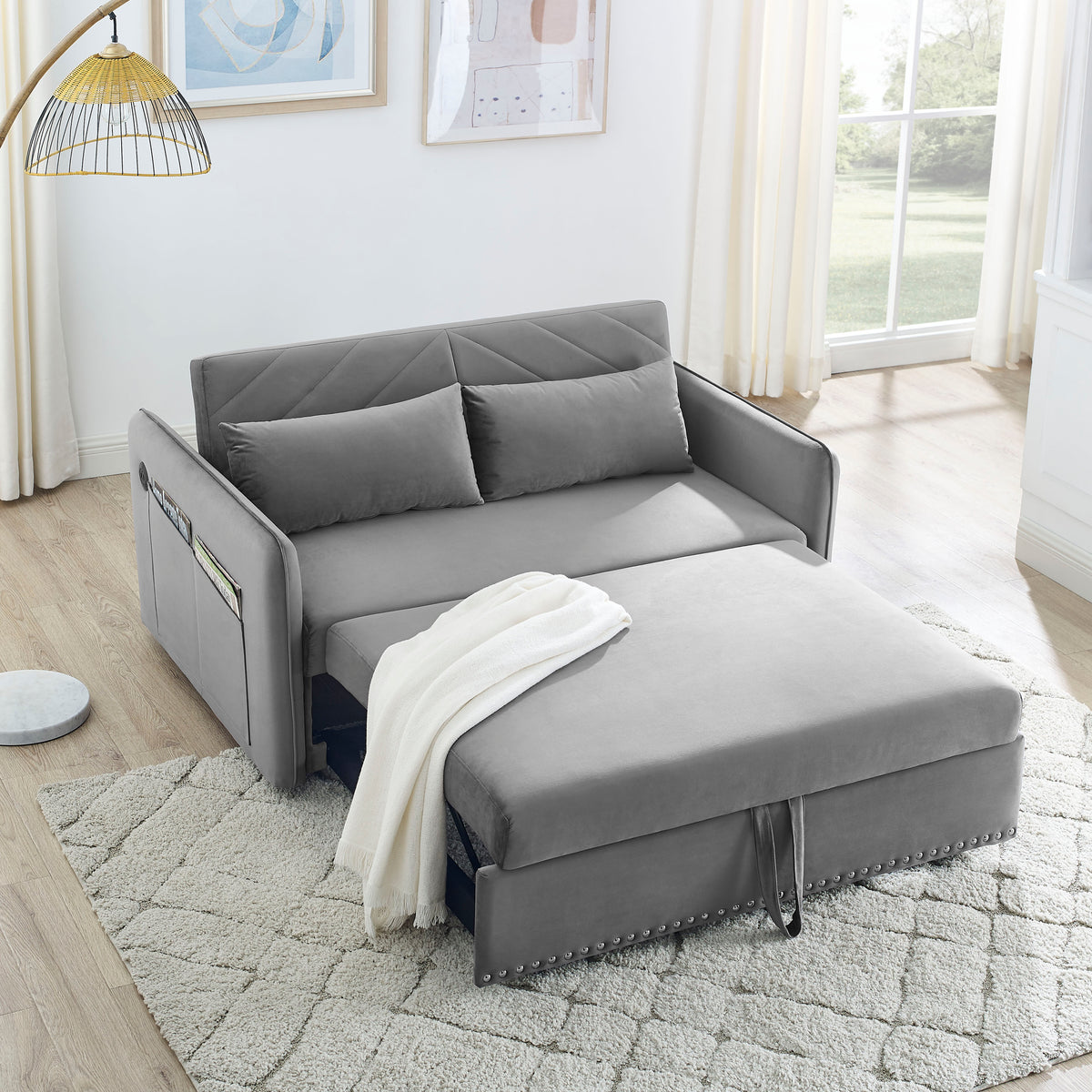 MH' Sleeper Sofa Bed w/USB Port, 3-in-1 adjustable sleeper with pull-out bed, 2 lumbar pillows and side pocket, soft velvet convertible sleeper sofa bed, suitable for living room bedroom W119362743-djyc