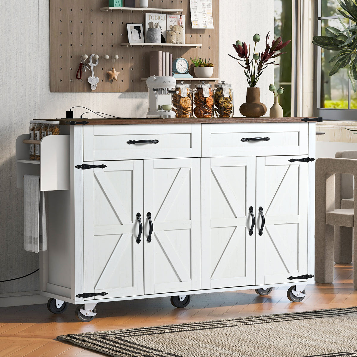 K&K 53.5''Farmhouse Kitchen Island with Power Outlet, Kitchen Storage Island with Drop Leaf, Spice Rack and Drawer, Rolling Kitchen Cart on Wheels, for Home, Kitchen and Dining Room, White N707P170348W-djyc