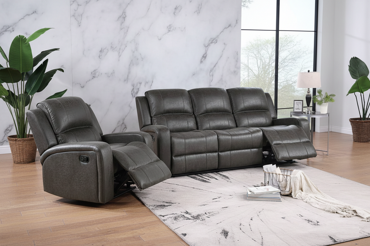 Modern 2pc Living Room Set 1x Sofa 1x Recliner Horizontal And Light Vertical Tufting Cushion Backrest Square Armrest Smoke Finish Primary Living Room Furniture-B011S02368
