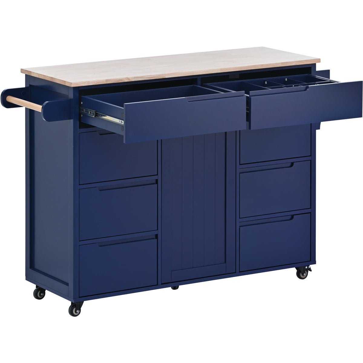 K&K Store Kitchen Cart with Rubber Wood Countertop , Kitchen Island has 8 Handle-Free Drawers Including a Flatware Organizer and 5 Wheels for Kitchen Dinning Room, Dark Blue SK000002AAG-djyc