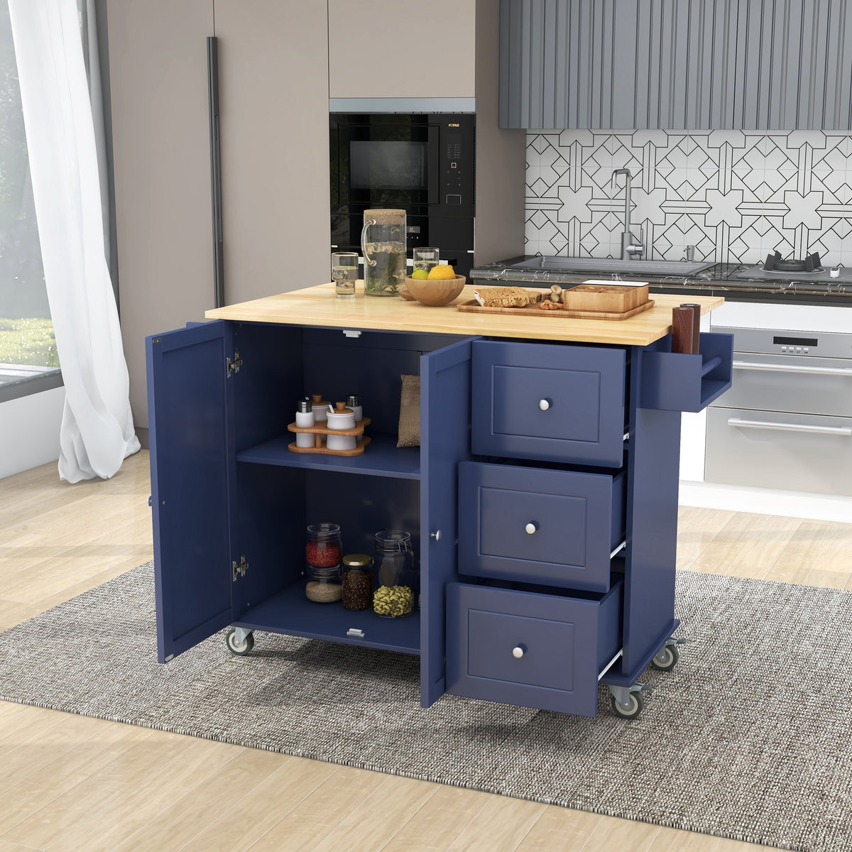 Rolling Mobile Kitchen Island with Drop Leaf - Solid Wood Top, Locking Wheels & Storage Cabinet 52.7 Inch Width(Dark blue) WF287035AAN-djyc