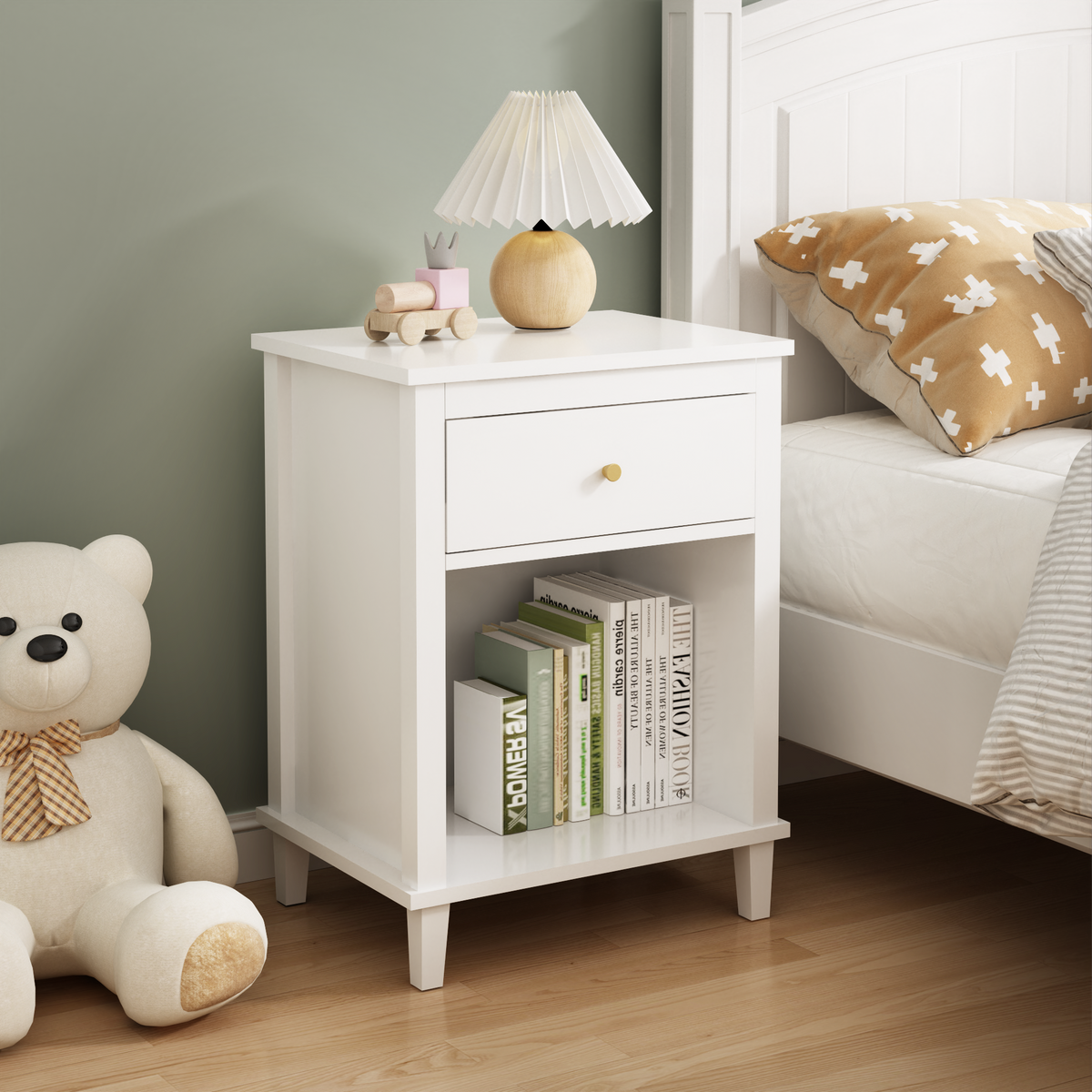 26.77''H Wooden Nightstand with One Drawer One Shelf for Kids, Adults, White W80859138-djyc