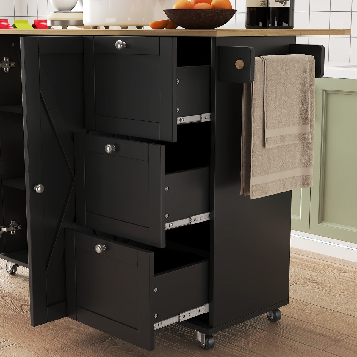 45.4" Farmhouse Black Rolling Kitchen Cart on Wheels with Storage Cabinet, Mobile Kitchen Island cart with Drop Leaf Top, Spice Rack, Towel Bar, Adjustable Shelf, Drawers and Hooks W2557P180166-djyc