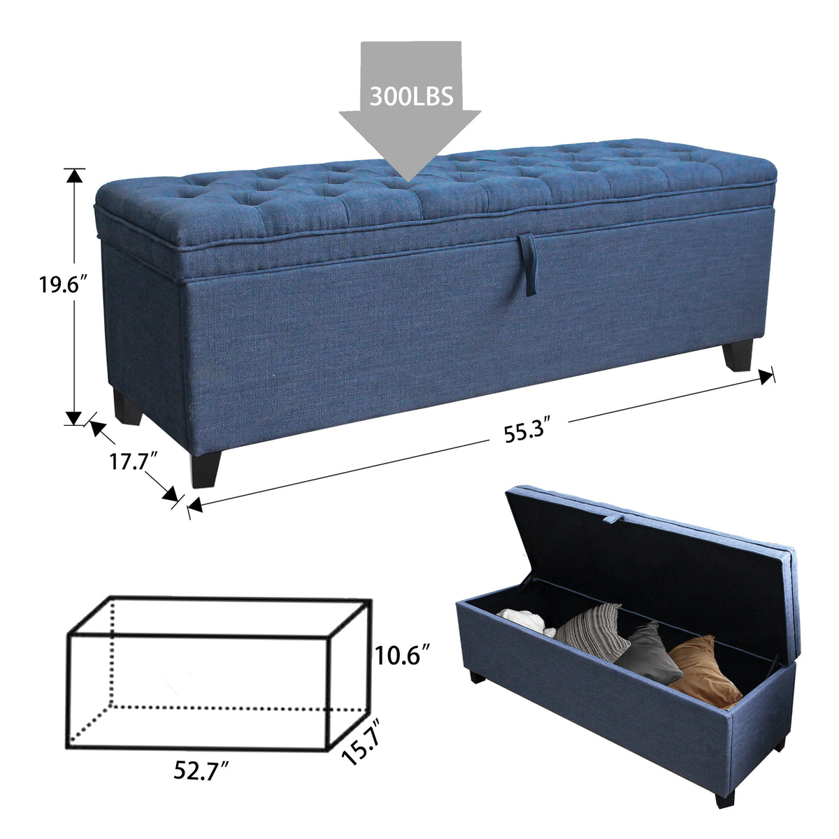 55.3 Inch Extra Long Storage Ottoman Entryway Bench with Flip Top Storage Chest with Padded Seat Bed End Stool for Hallway Living Room Bedroom, Blue Linen W1435P163386-djyc