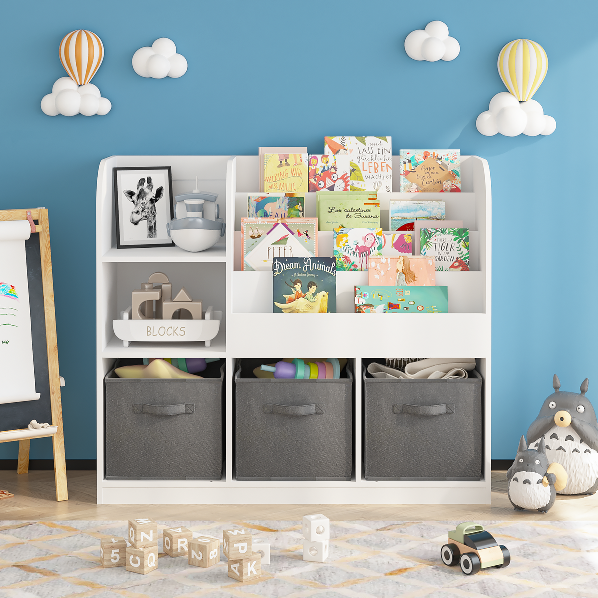 Kids Bookcase and Bookshelf, Multifunctional Bookcase with 3 Collapsible Fabric Drawers, Bookcase Display Stand, Toy Storage Organizer for Bedroom, Playroom, Hallway (White/Gray) W808127602-djyc