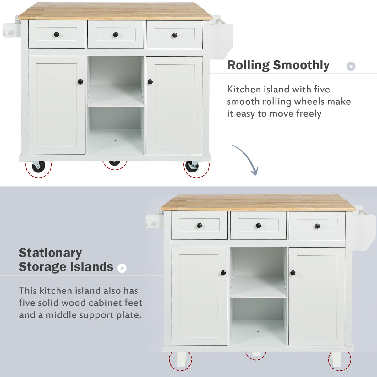 Kitchen Cart with Rubber wood Drop-Leaf Countertop ,Cabinet door internal storage racks,Kitchen Island on 5 Wheels with Storage Cabinet and 3 Drawers for Dinning Room,White WF298028AAW-djyc