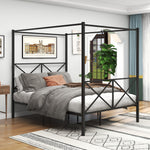 Metal Canopy Bed Frame, Platform Bed Frame Queen with X Shaped Frame Queen Black W84034643-djyc