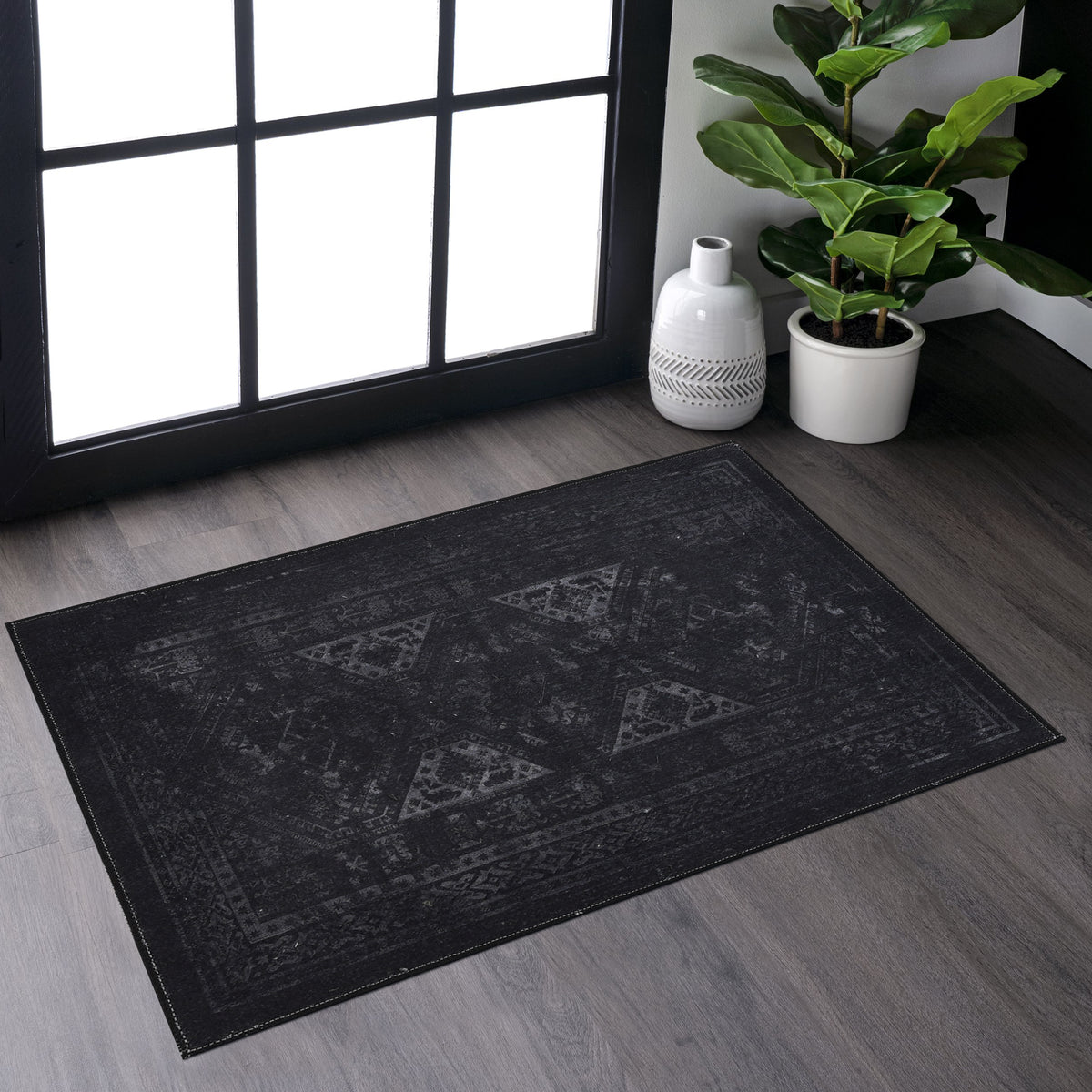 MAVAL Black Washable Rug 2' x 3' Doormat Rug (Black+Gray, 2' x 3')-B189P189000