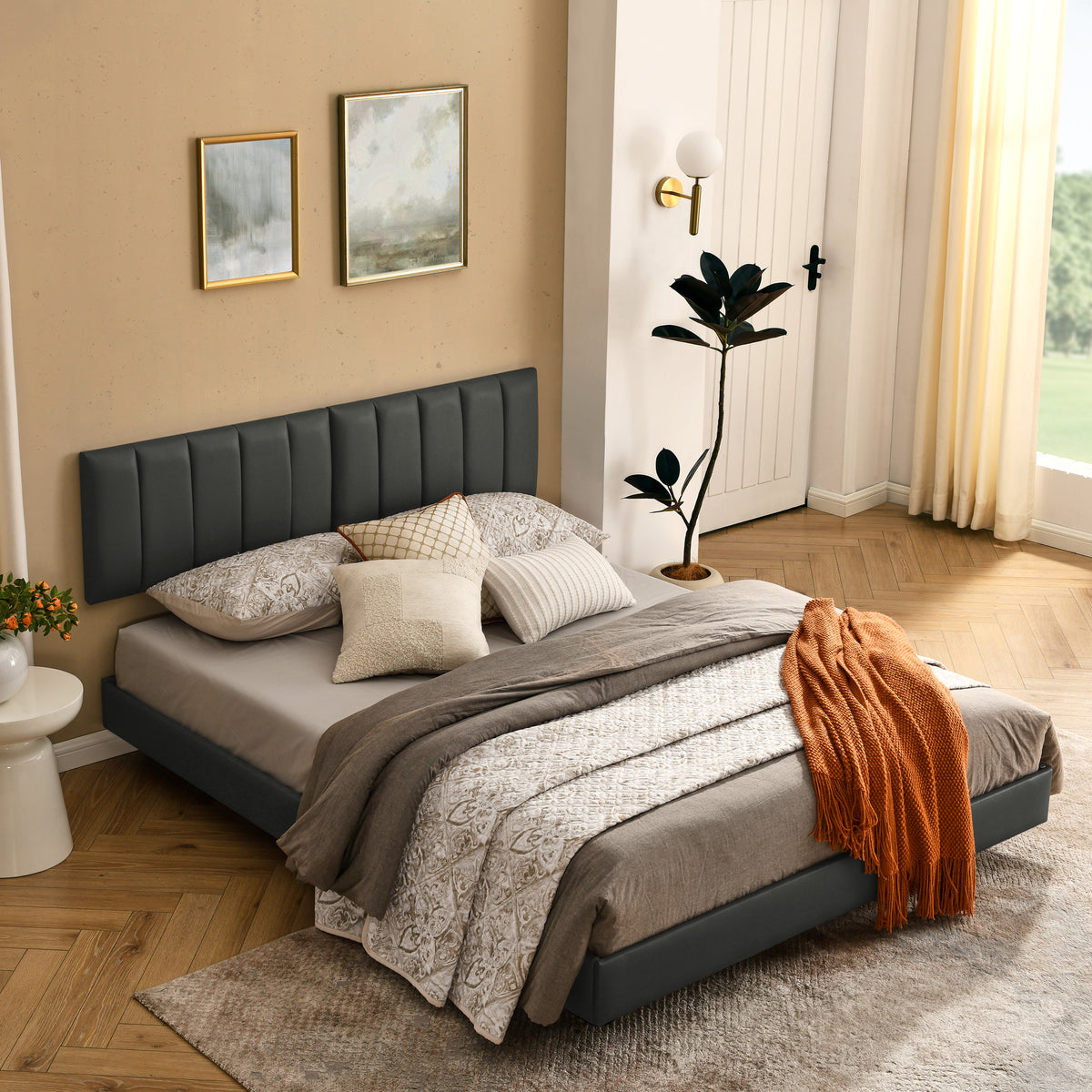 Queen Floating Bed Frame with Wall Mounted Headboard Modern Low Profile Platform Bed Frame Queen Size Faux Leather Upholstered Platform Bed Frame,No Box Spring Needed,Grey W487P169719-djyc