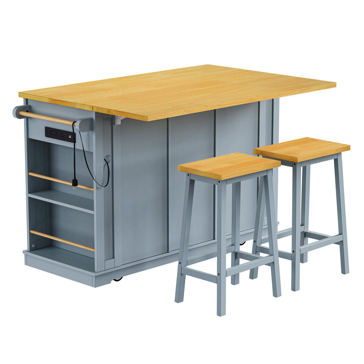 K&K 53inch Large Kitchen Island with 2 Bar Stools, Power Outlet,Door Internal Storage Rack,Kitchen Storage Cart on 5 Wheels with Drop Leaf,5 Open Side Racks,3 Drawers for Kitchen,Dining Room,Grey Blue N707S000007G-djyc