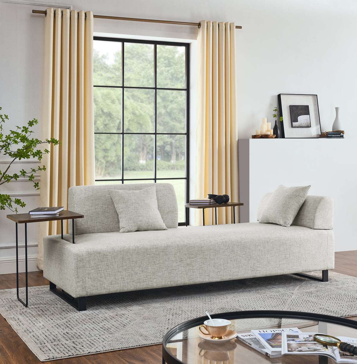 Linen Fabric 3 Seat Sofa with Two End Tables and Two Pillows, Removable Back and Armrest, Morden Style Upholstered 3-Seat Couch for Living Room W487139513-djyc