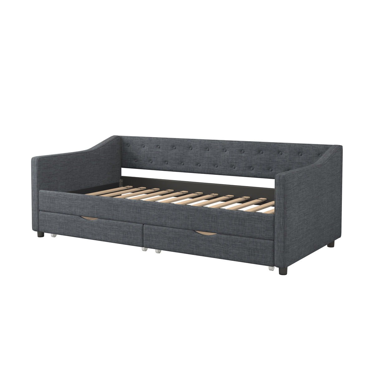 Twin Size Daybed with Drawers Upholstered Tufted Sofa Bed, with Button on Back and Piping on Waved Shape Arms-Dark Grey W2336S00004-djyc