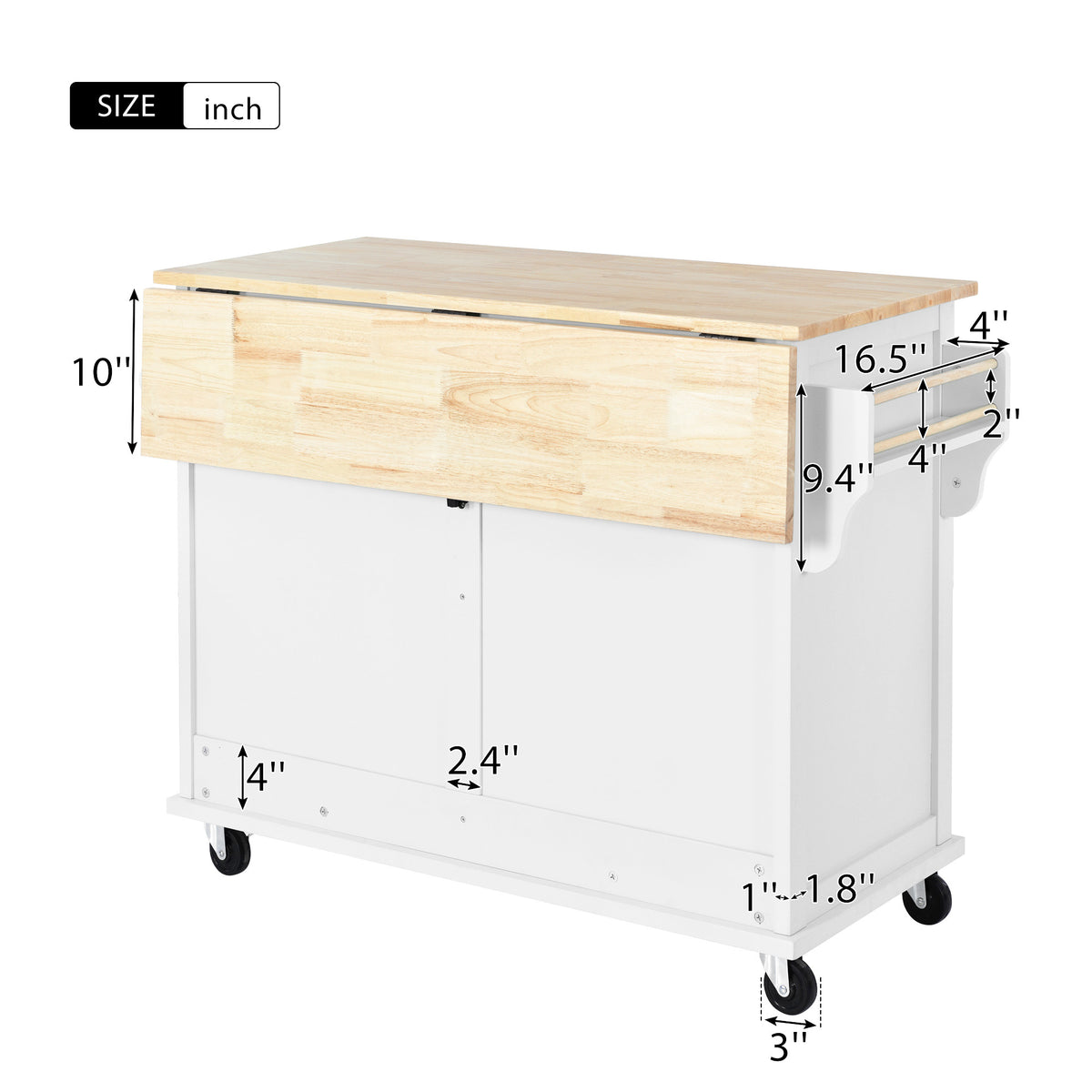 Kitchen Cart with Rubber wood Drop-Leaf Countertop, Concealed sliding barn door adjustable height,Kitchen Island on 4 Wheels with Storage Cabinet and 2 Drawers,L52.2xW30.5xH36.6 inch, White SK000001AAW-djyc