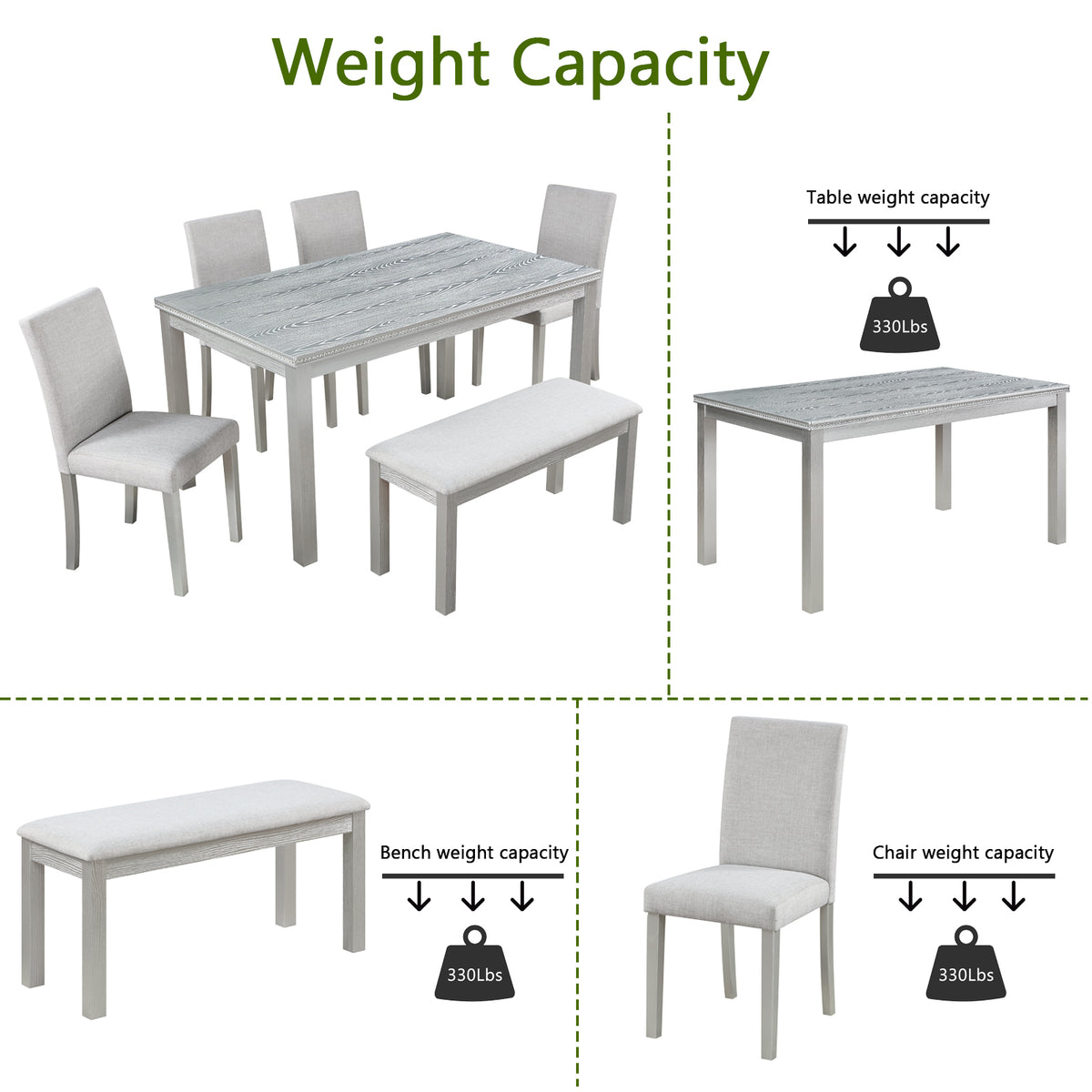 Wooden Dining Rectangular Table with Bench, Kitchen Table with Bench for Small Space, 6 Person Dining Table, Silver grey W1998S00045-djyc