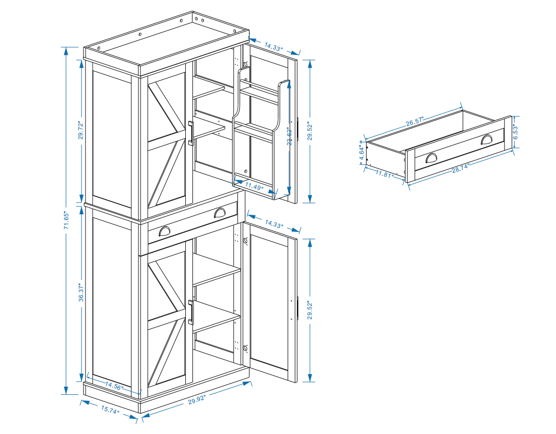 71" Kitchen Pantry Storage Cabinetwith 4 Doors(2Doors with Racks),1 Drawer, 2 Adjustable Shelves, Freestanding Cupboard for Kitchen, Dining Room and Living Room-White W282108550-djyc