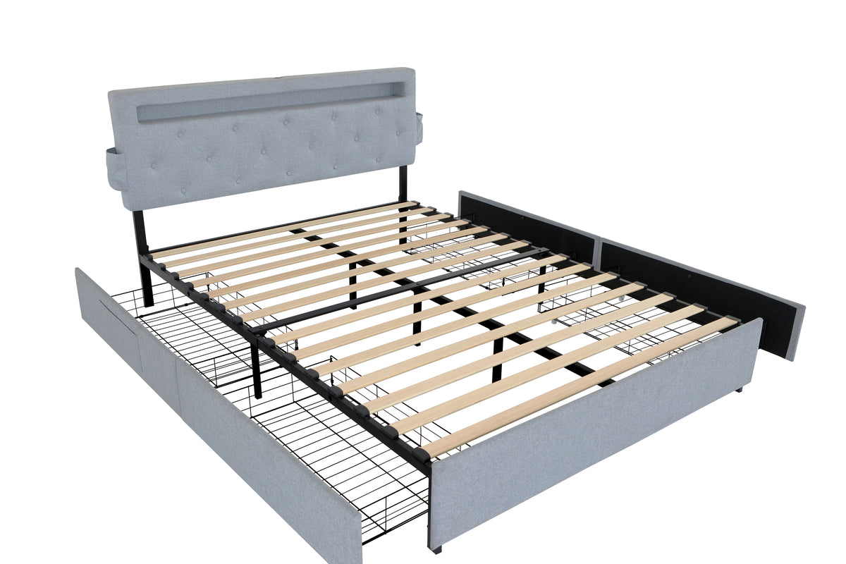 Full Bed Frame with USB Charging Station & LED Lights, Full Bed Frame with Headboard & 4 Storage Drawers, D W1960P175565-djyc