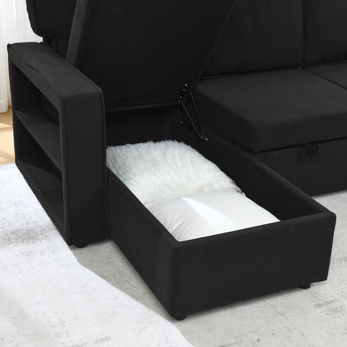 Linen Upholstered Sleeper Sectional Sofa, Shaped Modular Convertible Sofa with Storage Chaise,There are two cup holders in the middle and USB multi-interface function,Pull Out Sleep Couch Bed ,Black W487S00246-djyc