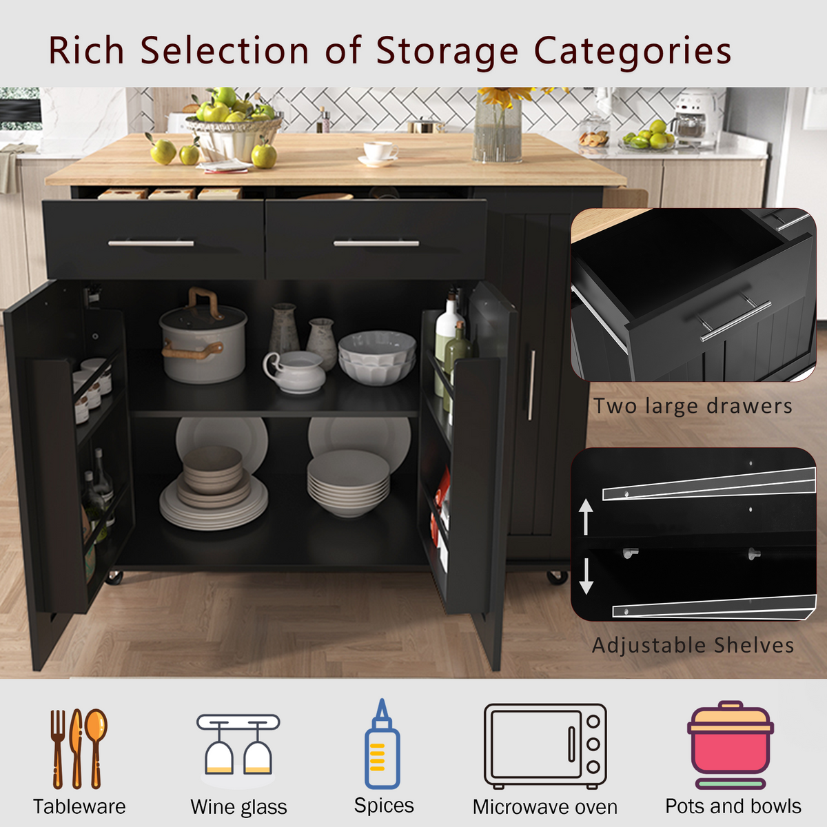 K&K Kitchen Island with Drop Leaf, Kitchen Storage Cart with 3 Tier Pull Out Cabinet Organizer, Internal Storage Rack, Rolling Kitchen Cart on Wheels with Towel Rack, 2 Drawers, for Kitchen, Black WF531421AAB-djyc