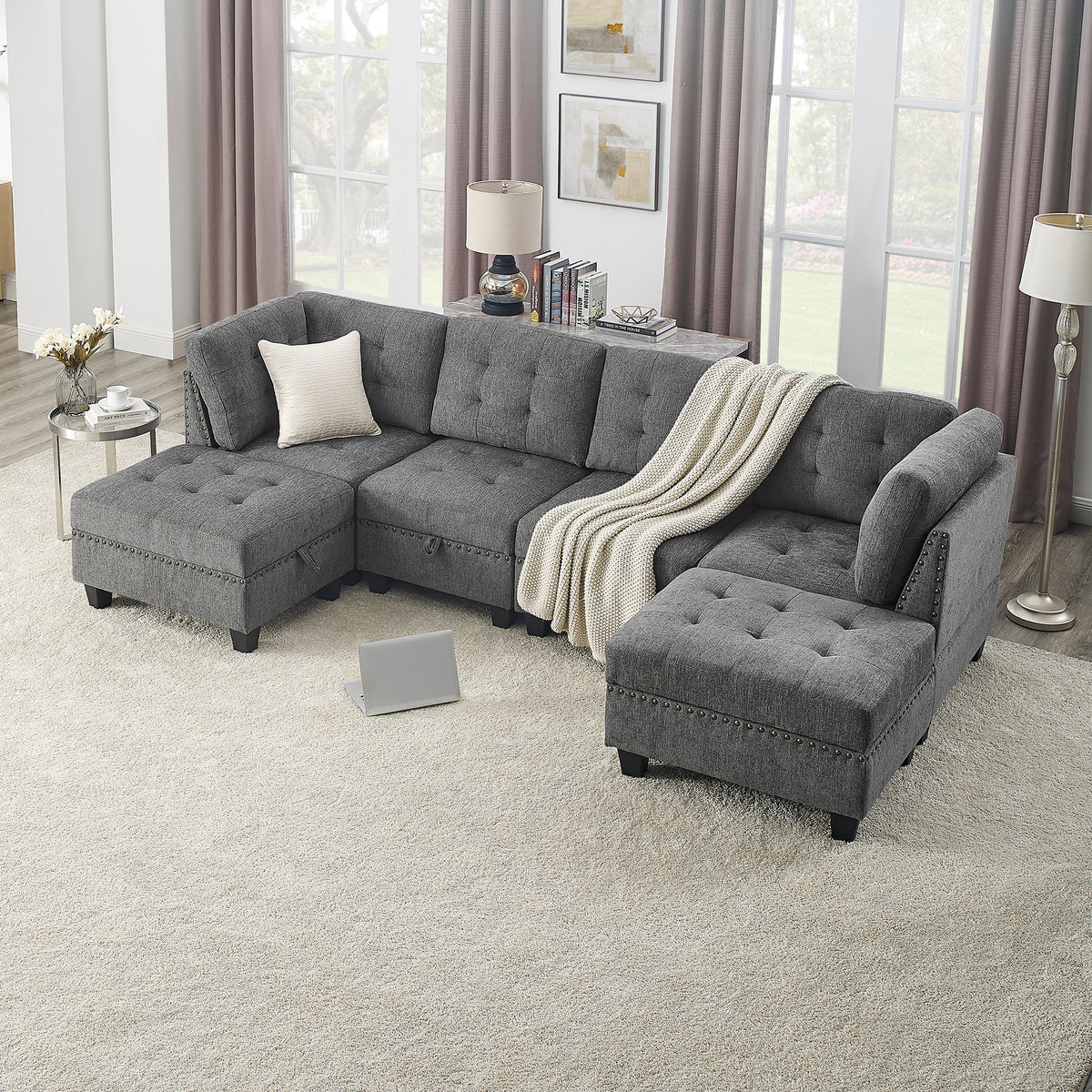 U shape Modular Sectional Sofa,DIY Combination,includes Two Single Chair ,Two Corner and Two Ottoman,Grey Chenille W487S00200-djyc