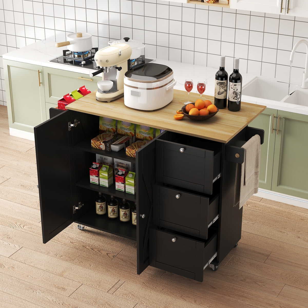 45.4" Farmhouse Black Rolling Kitchen Cart on Wheels with Storage Cabinet, Mobile Kitchen Island cart with Drop Leaf Top, Spice Rack, Towel Bar, Adjustable Shelf, Drawers and Hooks W2557P180166-djyc