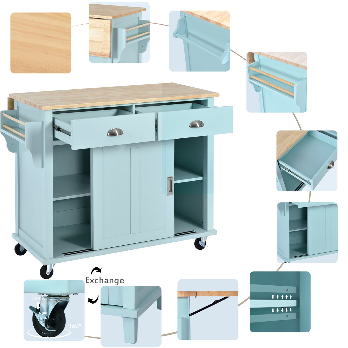 Kitchen Cart with Rubber wood Drop-Leaf Countertop, Concealed sliding barn door adjustable height,Kitchen Island on 4 Wheels with Storage Cabinet and 2 Drawers,L52.2xW30.5xH36.6 inch, Mint Green SK000001AAE-djyc