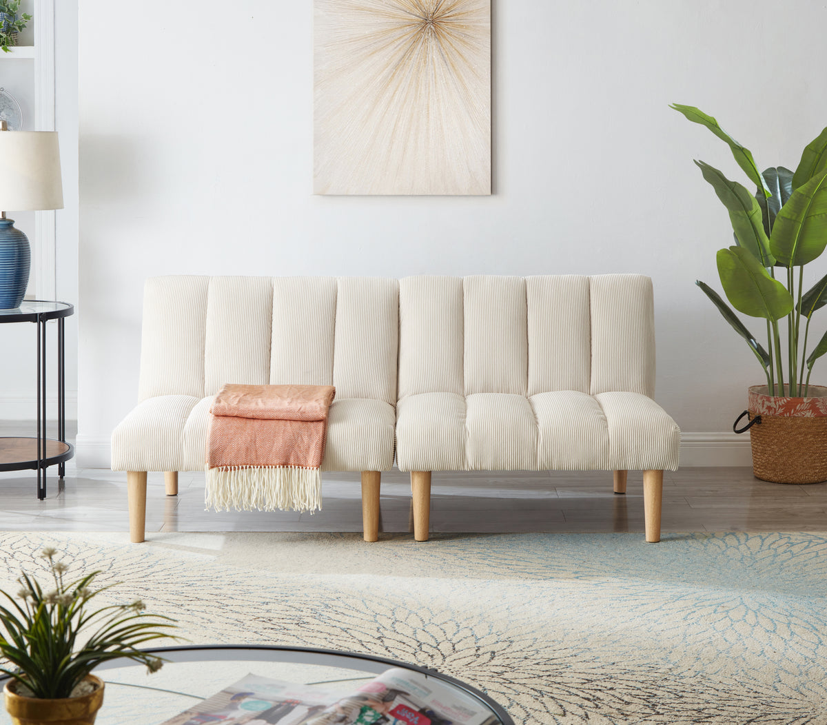 Cozy & Compact: Corduroy Futon Sofa Bed with Adjustable Comfort & Space-Saving Design(Color:Beige) W1669P156116-djyc