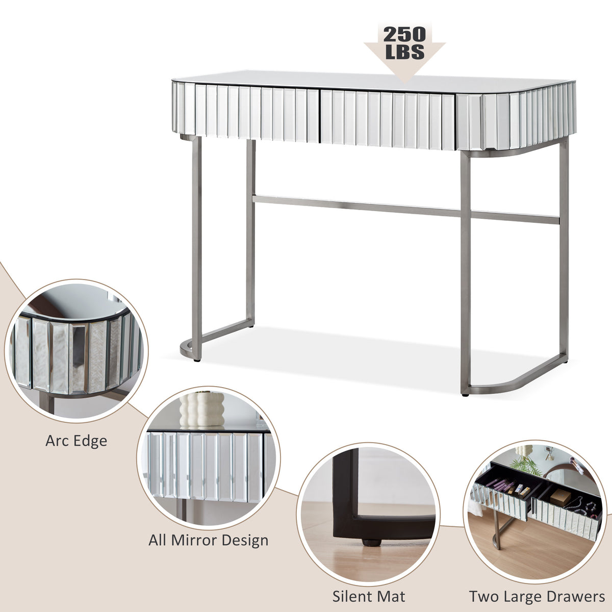 39" Mirrored Makeup Vanity Table with Stainless Steel Base, Mirrored Console Dressing Table with 2 Drawers,Versatile Desk for Bedroom and Office, Silver N704P171796N-djyc