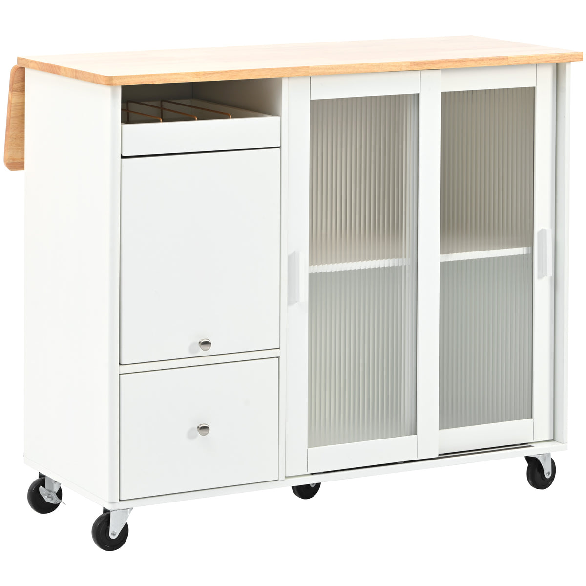 Kitchen Island with Drop Leaf, LED Light Kitchen Cart on Wheels with 2 Fluted Glass Doors and 1 Flip Cabinet Door, Large Kitchen Island Cart with an Adjustable Shelf and 2 Drawers (White) WF311171AAW-djyc