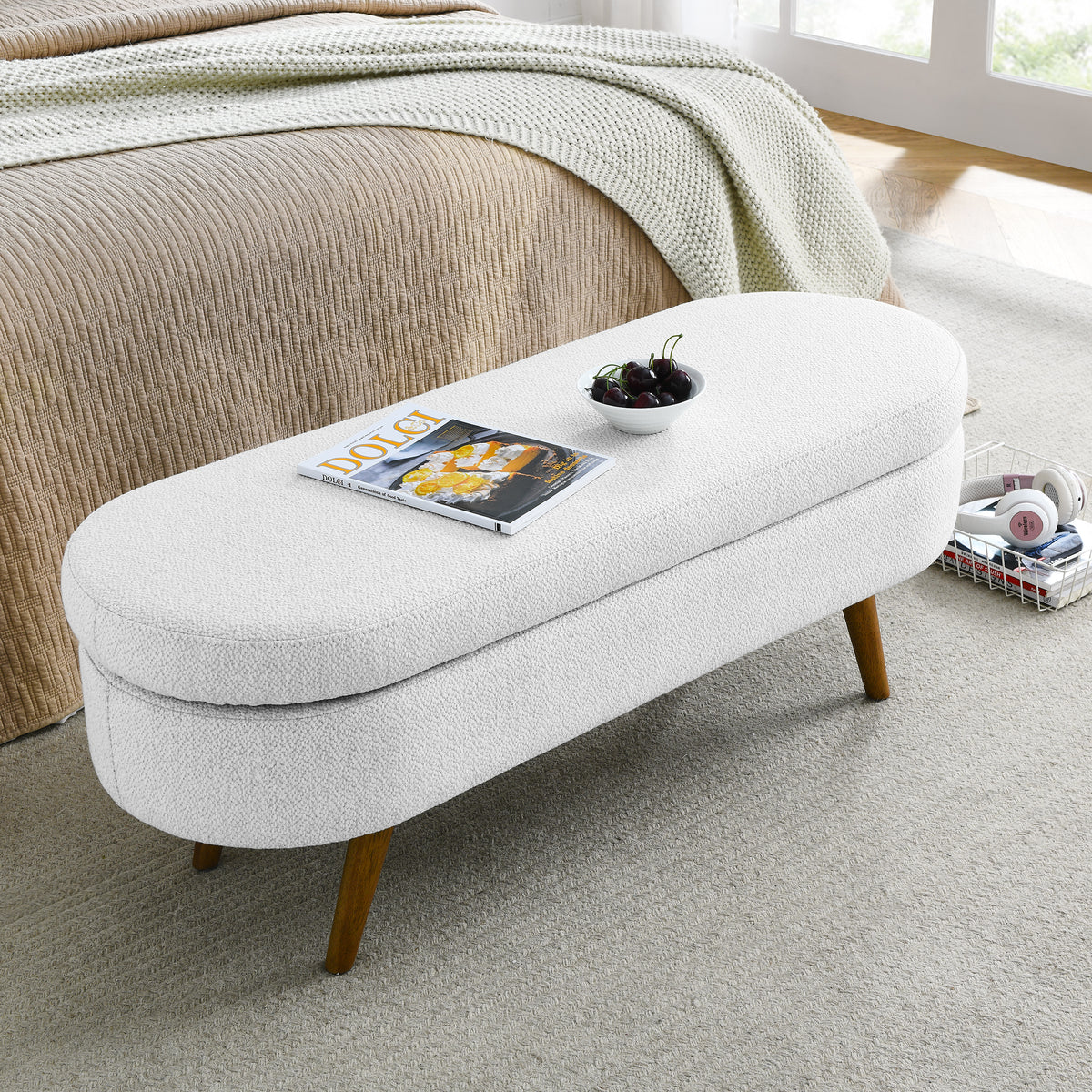 Ottoman Oval Storage Bench,Rubber Wood Legs,White(43.5"x16"x16") W48764885-djyc