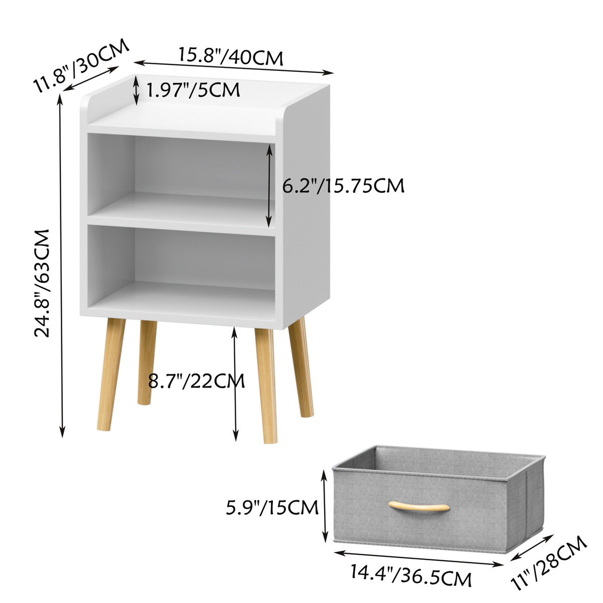 Nightstand With Collapsible Fabric Drawer, 2-Tier Storage End Table, Wood Side Table with Storage Cabinet for Kids, Adults - White W808P147114-djyc