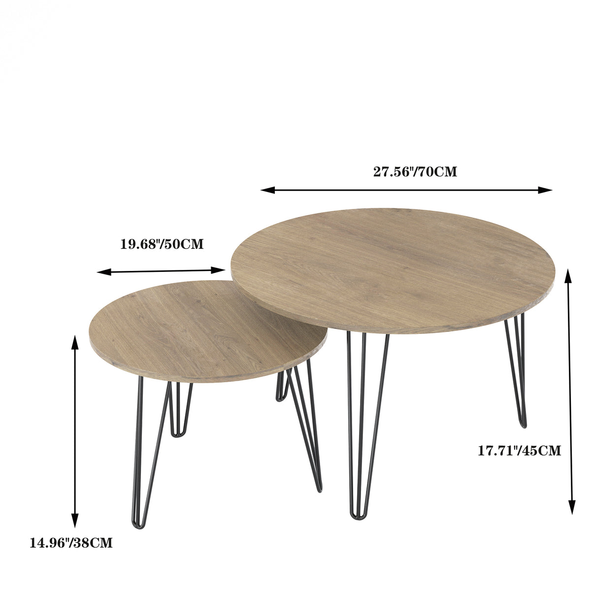 27.56'' Round Nesting Coffee Table Set of 2, Circular Nesting End Table Set, Round Wooden Tabletop, and Sturdy Metal Base for Living Room, bedroom, Brown W808P176732-djyc