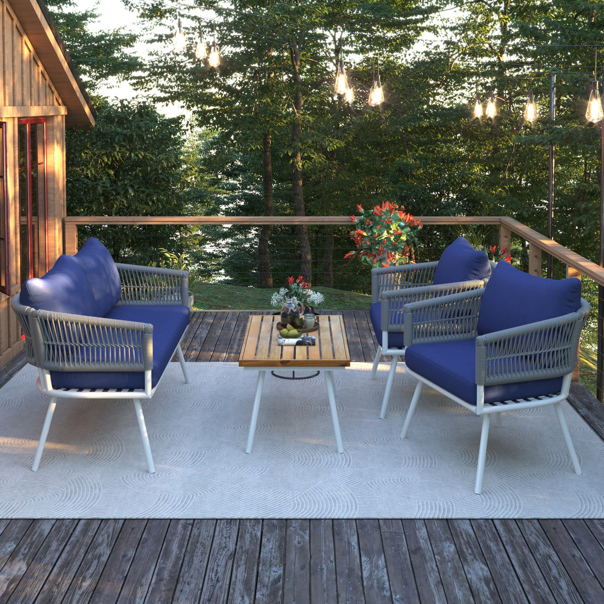 K&K 4-Piece Boho Rope Patio Furniture Set, Outdoor Furniture with Acacia Wood Table, Patio Conversation Set with Deep Seating & Thick Cushion for Backyard Porch Balcony, Navy Blue SK000004AAE-djyc