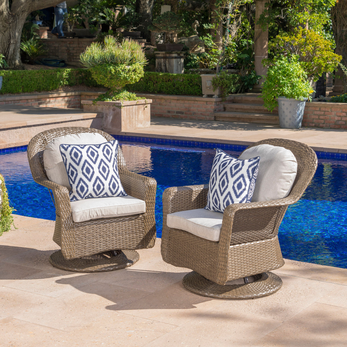 Swivel Club Chair Set – Rattan and Iron Construction with Water-Resistant Cushions for Ultimate Comfort and Durability (Set of 2) 61516.00BRN-djyc