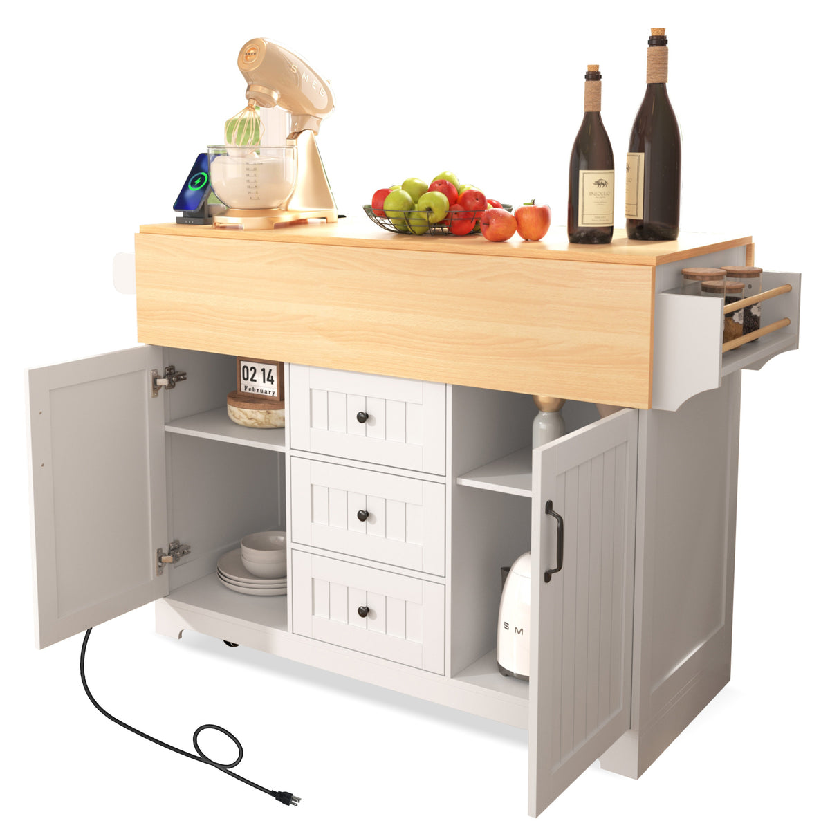 K&K 55.7'' Large Kitchen Island with 2 Drop Leaf,, Rolling Kitchen Cart on 5 Wheels with Power Outlet, Folding Storage Dining Table with Spice & Towel Rack , 3 Drawers, for Kitchen, Dining Room,White N707P186617W-djyc