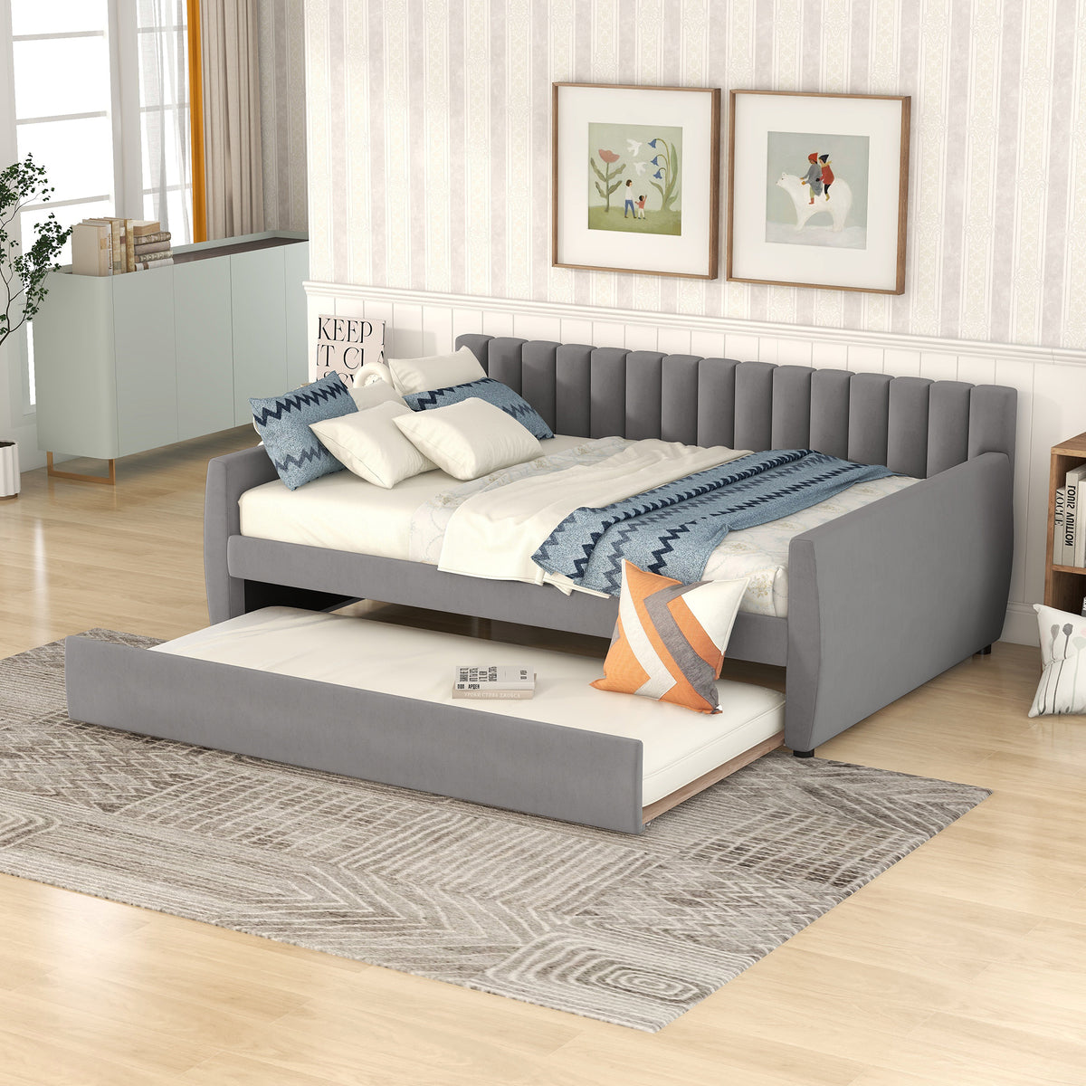 Full Size Upholstered daybed with Trundle and Wood Slat Support, Gray LP000121AAE-djyc