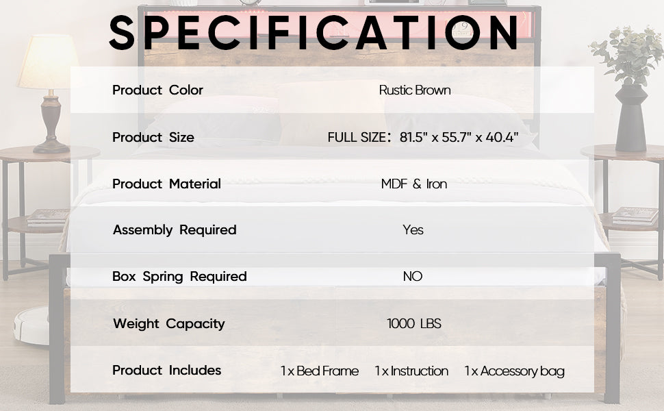 Full Size Bed Frame with Storage Headboard and 2 Drawers, LED Lights Bed with Charging Station, Metal Platform Bed No Noise, Mattress Foundation Strong Metal Slats Support No Box Spring Needed W1916126252-djyc