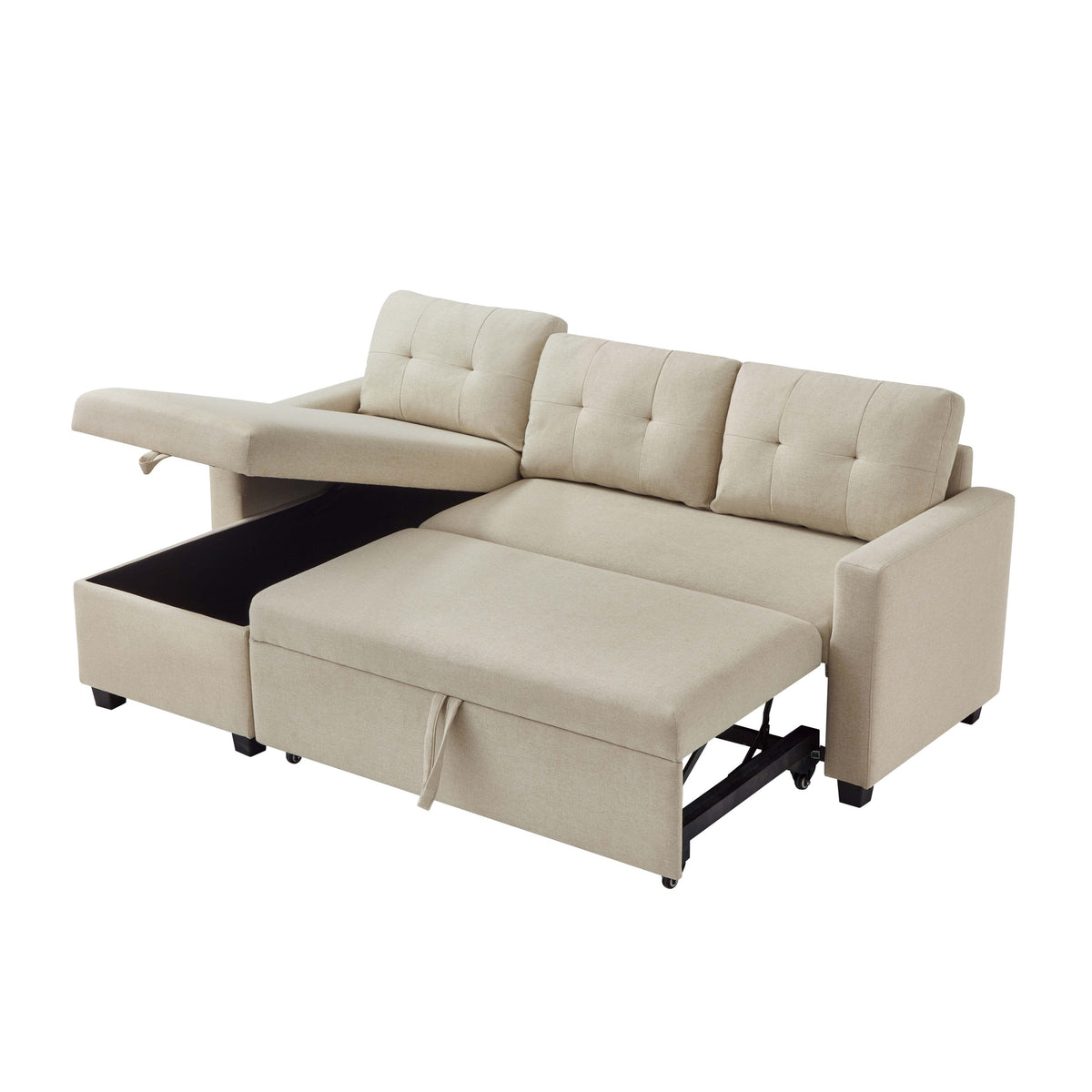 Upholstered Pull Out Sectional Sofa with Storage Chaise, Convertible Corner Couch, Beige W2336S00014-djyc