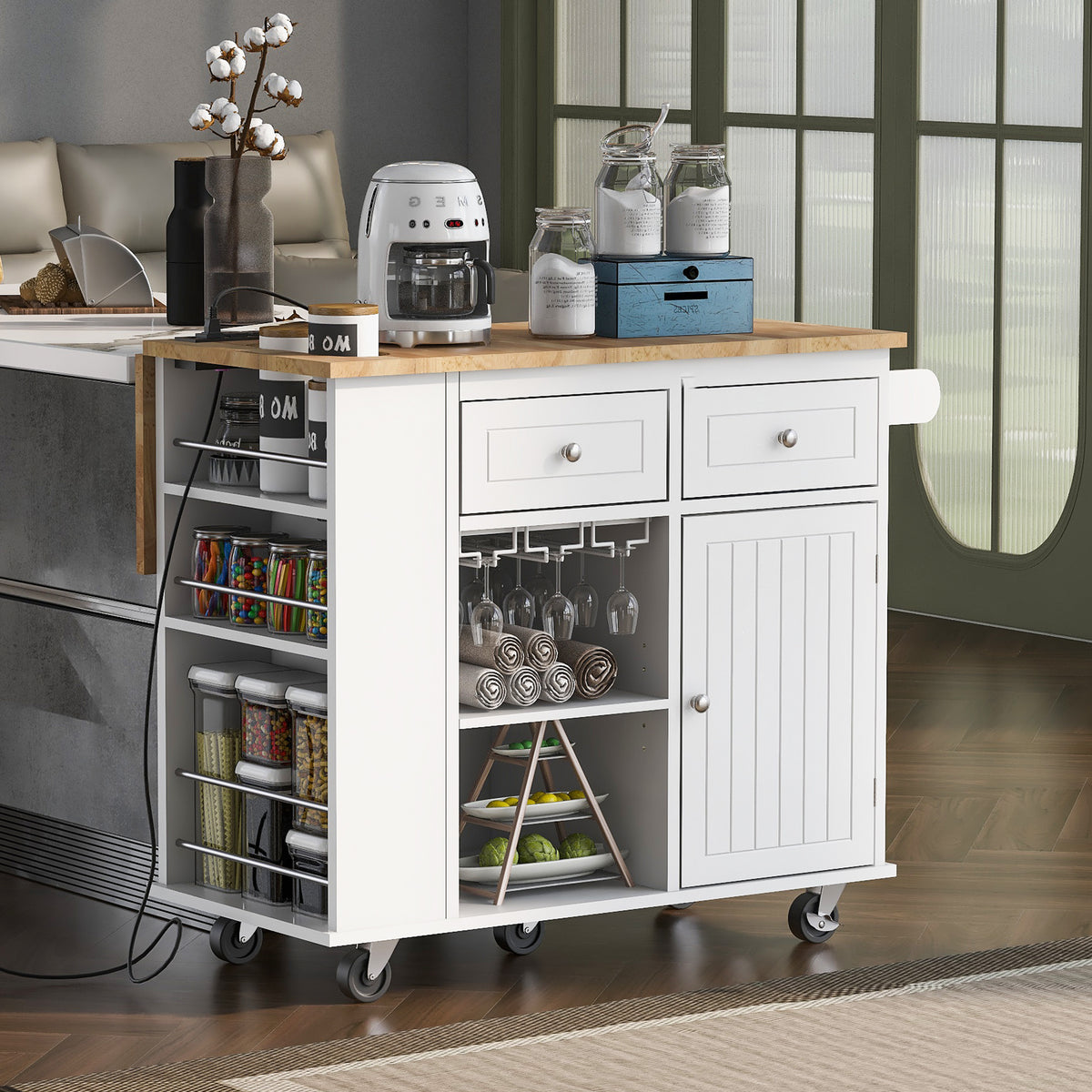 Kitchen Island with Power Outlet,Kitchen Storage Island with Drop Leaf and Rubber Wood,Open Storage and Wine Rack,5 Wheels,with Adjustable Storage for Home, Kitchen, and Dining Room,White WF305556AAW-djyc