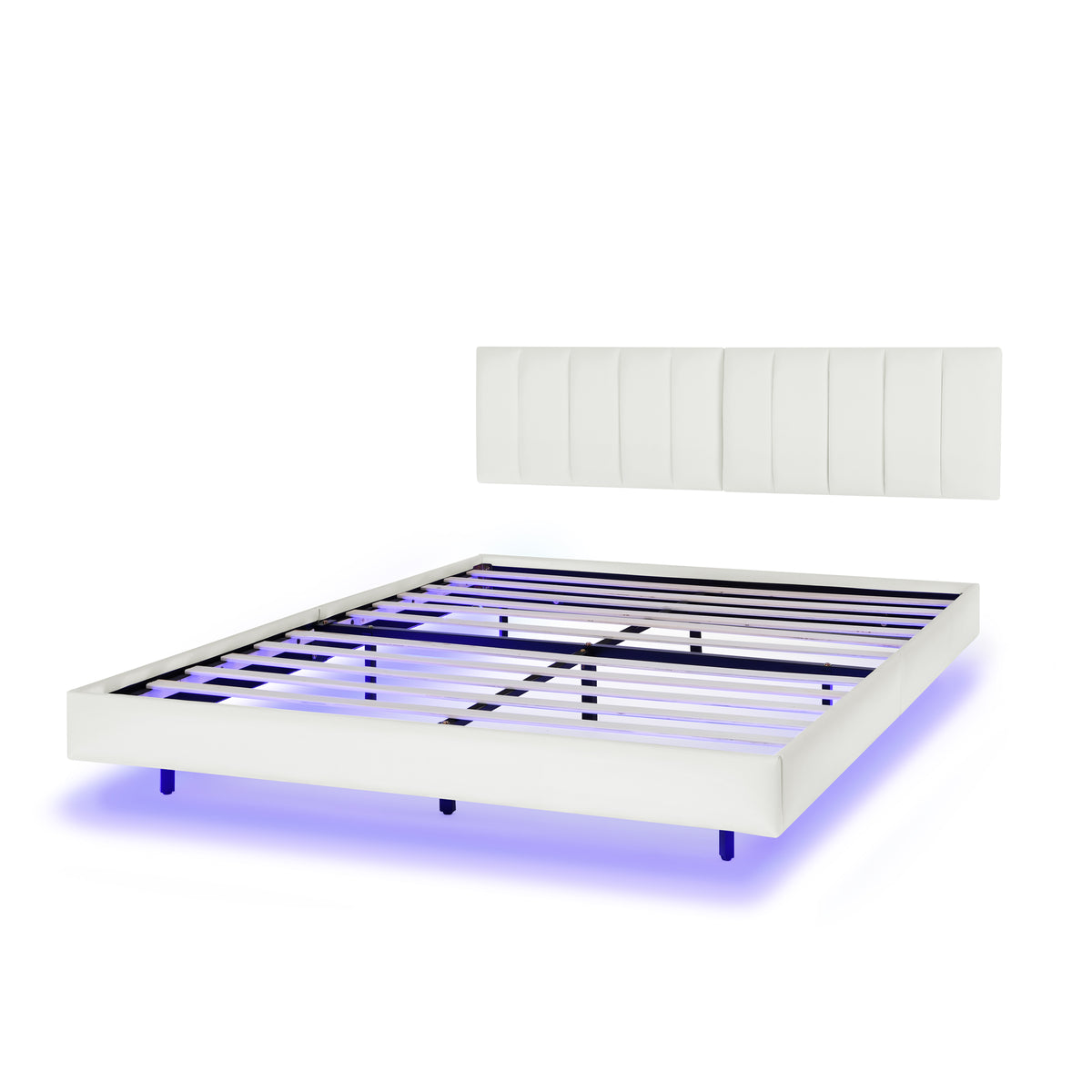 Queen Floating Bed Frame with LED Lights and Wall Mounted Headboard Modern Low Profile Led Platform Bed Frame Queen Size Faux Leather Upholstered Platform Bed Frame,No Box Spring Needed,White W487P169721-djyc