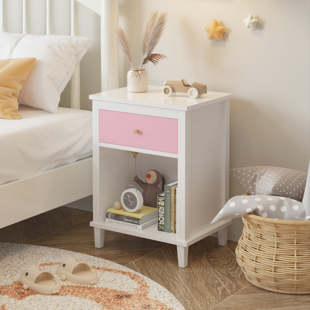 26.77''H Wooden Nightstand with One Drawer One Shelf for Kids, Adults, Pink W80859135-djyc