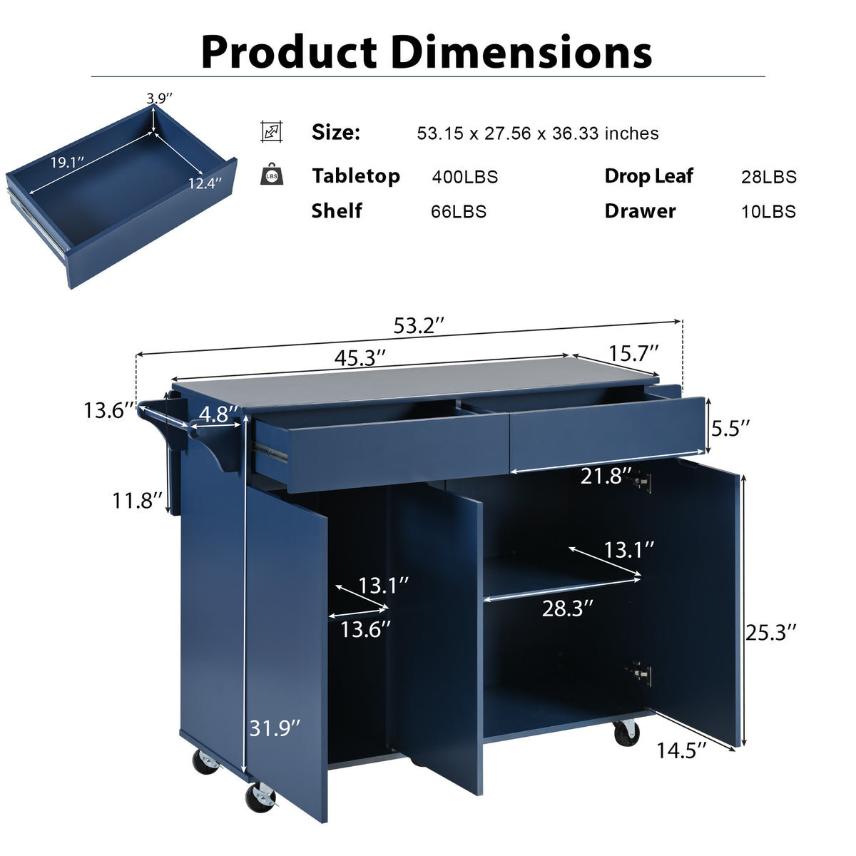 K&K 53.2''Kitchen Island with Drop Leaf, Kitchen Storage Cart with Spice Rack, Towel Rack and 2 Drawers, Rolling Kitchen Island on Wheels with Adjustable Shelves for Kitchen, Dining Room, Navy Blue N707P173041G-djyc