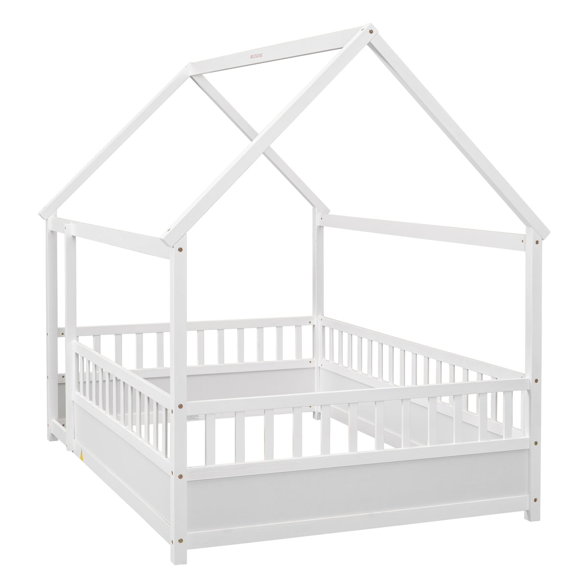 Full Size Floor Wooden Bed with House Roof Frame, Fence Guardrails,White W1858123986-djyc