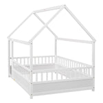 Full Size Floor Wooden Bed with House Roof Frame, Fence Guardrails,White W1858123986-djyc
